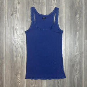 American Eagle Blue Ribbed Long Tank Top with‎ Lace Trim